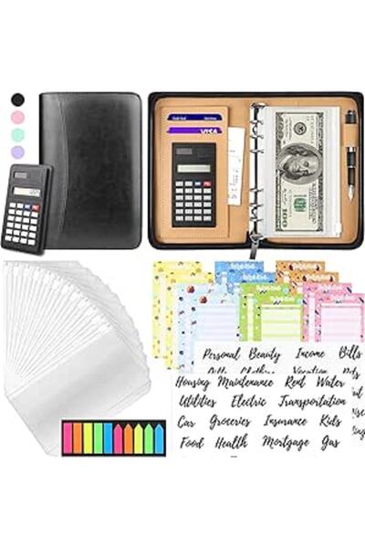 Generic Budget Binder with Calculator, Cash Envelopes for Budgeting, Leather Budget Planner with Cash Zipper