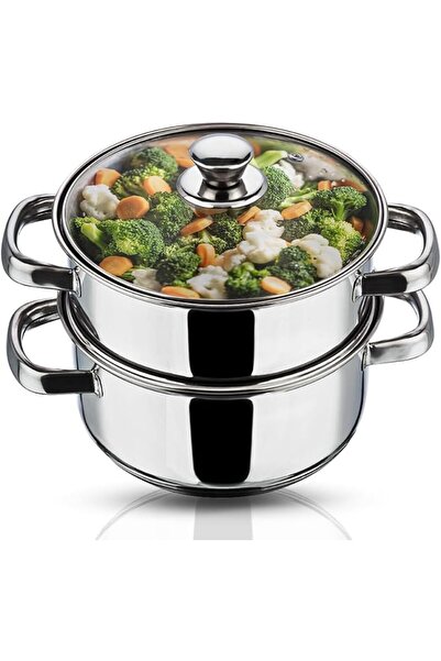 Generic قدر بخاري من الفولاذ المقاوم للصدأ بطبقتين - ٢٠ سم | قدر بخاري مومو للخضراوات بغطاء زجاجي ومقبض متين، إنديانا