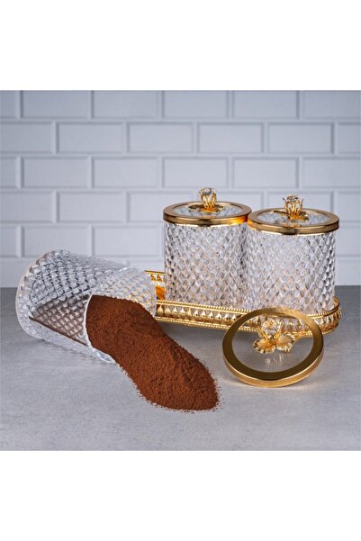 Hinora Kristal Camlı Tepsili 3Lü Baharatlık Seti 38x14x28cm