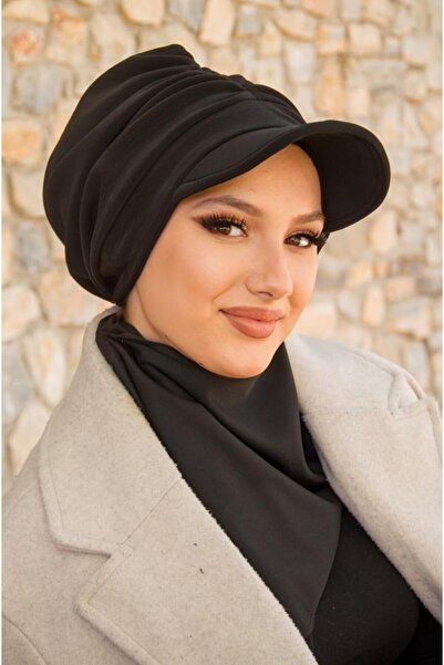 Aişe tesettür Black Drawstring Hijab Hat and Etol Set