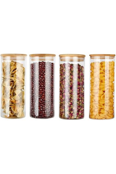 Generic RRONG Glass Storage Jar with Bamboo Lids,Set of 4,Kitchen Food Storage Containers,Glass Cereals Cani