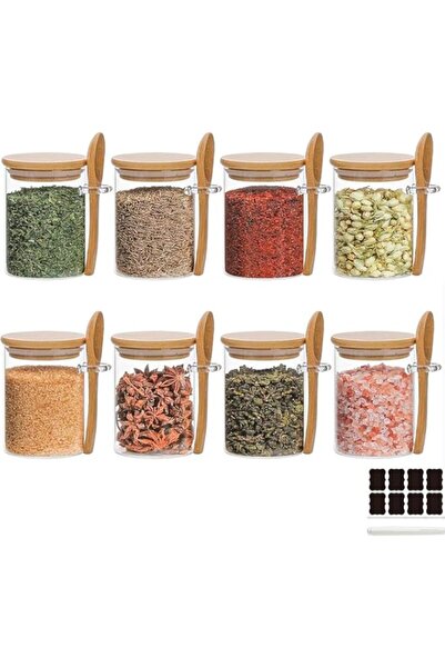 Generic KUAIJI 8-Pack250 ml (8i45 oz) Glass Jar With Tight Wooden Lid and Spoon, Only Suitable For Spices, S