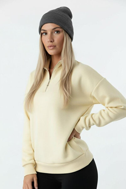 Balenbi Women's 3 Thread Fleece Half Zipper Oversize Sweatshirt 1112