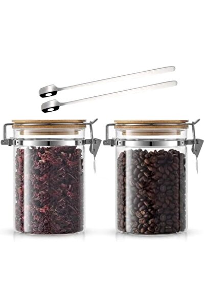 Generic 1CHASE Borosilicate Glass Storage Jar With Clip and Airtight Bamboo Lid/Spoon 750 ML(Set of 2), Stor