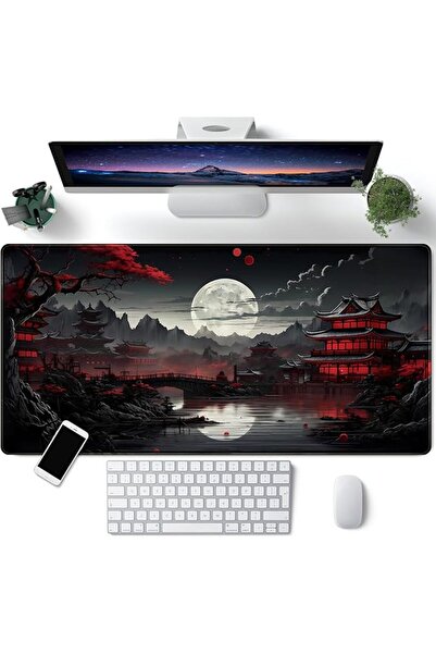 Generic Japanese Desk Mat Riverside Full Moon Desk Pad Black Red Large Mouse Pad Gaming Mousepad Extended XX