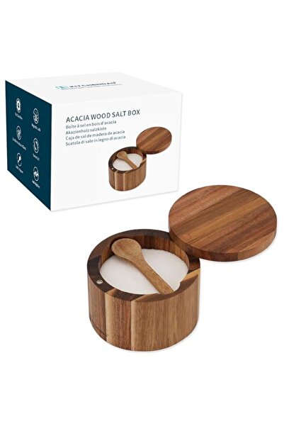 Generic KITCHENDAO Acacia Wood Salt Cellar Bowl Box with Built-in Spoon to avoid Dust, Elegant Kitchen Salt