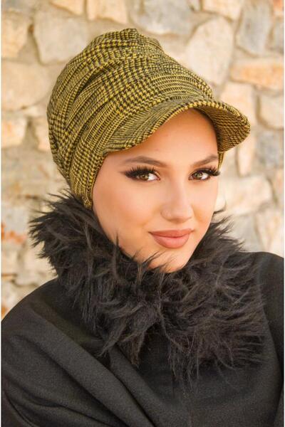Aişe tesettür Mustard Black Plaid Pattern Hijab Hat