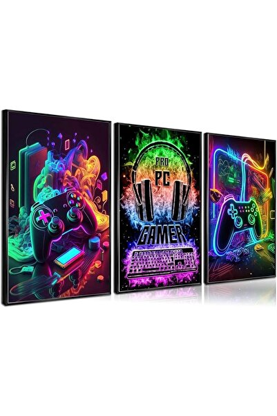 Generic TERRIFI 3Pcs Cool Gaming Wall Art, Retro Video Gamer Watercolor Posters, Colorful Neon Gamepad Canva