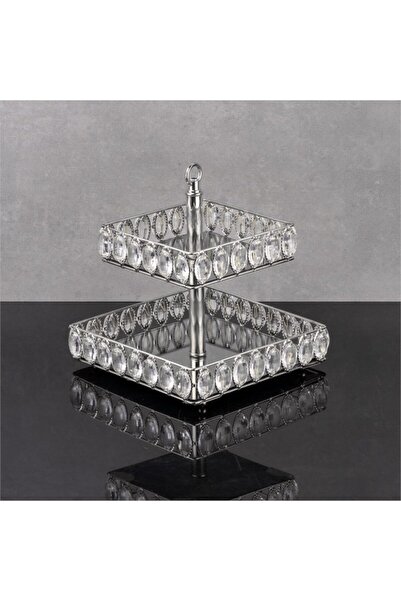 Hinora Kristal Oval Taşlı Aynalı Kare 2 Katlı Sunumluk Kurabiyelik 22-16cm