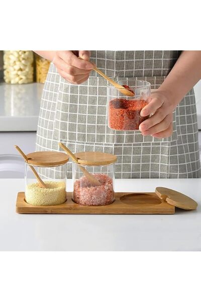 Generic MUMOO BEAR Glass Spice Jars Round Seasoning Bottles 3 Pcs 300ml Spice Containers with Bamboo Lids Sp