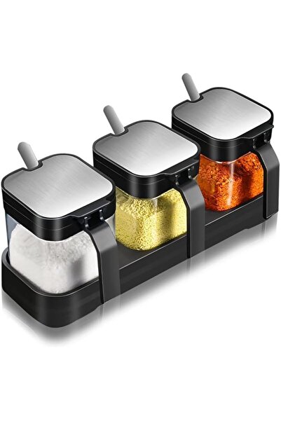 genric مجموعة توابل مكونة من 3 قطع، وعاء توابل زجاجي مع أغطية وملاعق، ومحطة ش...