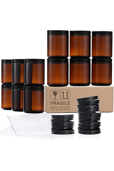genric AOZITA Thick Amber Round Glass Jars with 12 Metal & Plastic Lids - Pack of 12,8oz