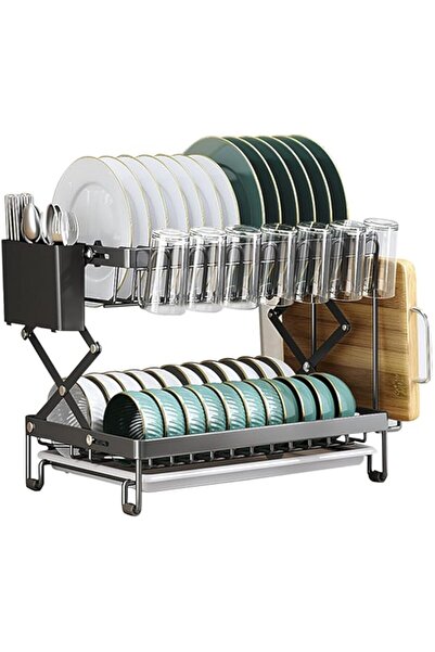 genric رف تجفيف الأطباق القابل للطي من هيكي، مكون من طبقتين، مقاوم للصدأ، ومص...