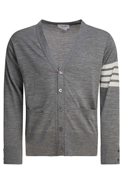 THOM BROWNE CLASSIC V-NECK CARDIGAN IN FINE MERINO WOOL W/ 4BAR STRIPES