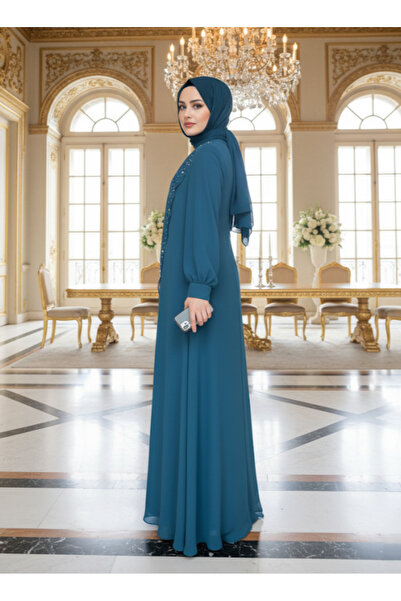 ALA MİRA Petrol Mavisi Allerli Talşı Tesettür Abiye Elbise ALM52012PM