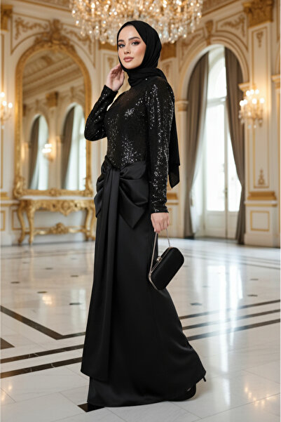 ALA MİRA Payetli Fiyonklu Siyah Tesettür Siyah Abiye ELBİSE ALM52021S