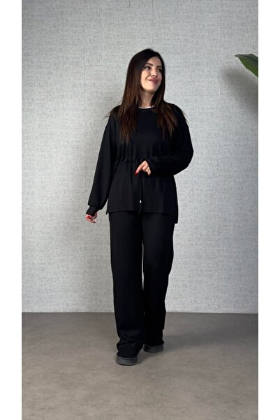 trend_ermege Equri̇ Women's Long Sleeve Collar and Drawstring Detail Tunic and Pants Two-Piece Set