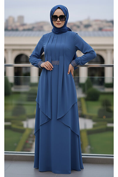 ALA MİRA Petrol Mavisi Taşlı Tesettür Şifon Abiye Elbise ALM52035PM