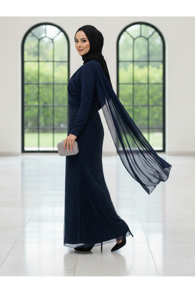 ALA MİRA Pullu Dantelli Şifon Lacivert Tesettür Abiye Elbise ALM52031LC