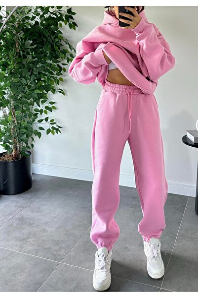 LiyAdaCo Women's Pink Tracksuit Bottom-Top Set Plain 3 Thread Sweatshirt -Hoodie