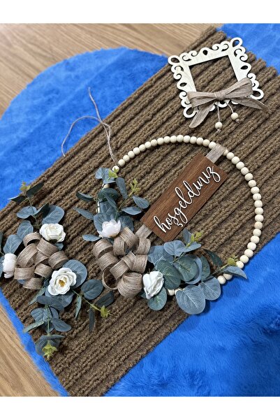 Marrone Rustik Bombeli Fiyonklar Hoşgeldiniz Yazılı 3lü Set Paspas Kapı Süsü Priz Çerçevesi