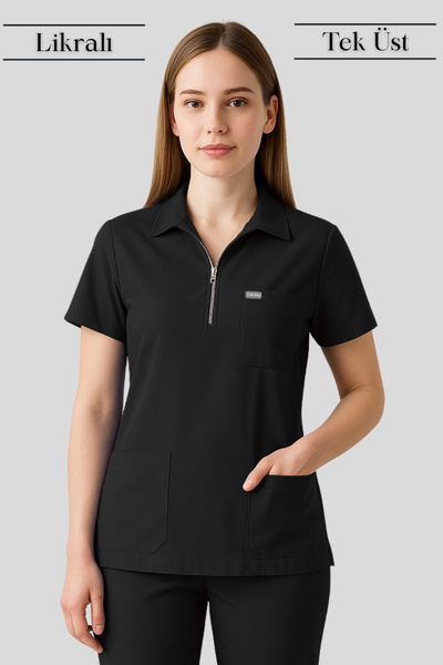 Simirna Üniforma Uniformă pentru medic chirurg, asistentă medicală, cu guler polo, cu fermoar, din țesătură premium, lycra