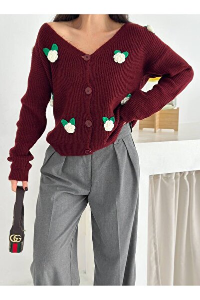 sportiness Rose Patterned Soft Textured Buttoned Knitwear Cardigan