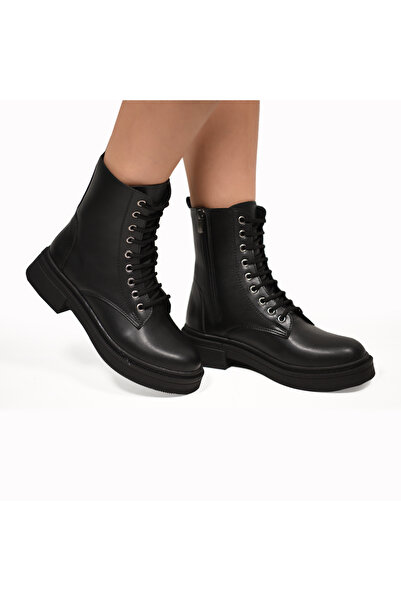 MİLOS Footwear Kadın Siyah Cilt Bağcık Ve Fermuarlı Postal Bot