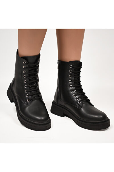 MİLOS Footwear Kadın Siyah Cilt Bağcık Ve Fermuarlı Postal Bot
