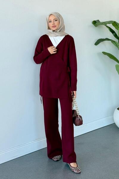 Hazamoda Σετ πλεκτών ενδυμάτων με κορδόνια μπορντό