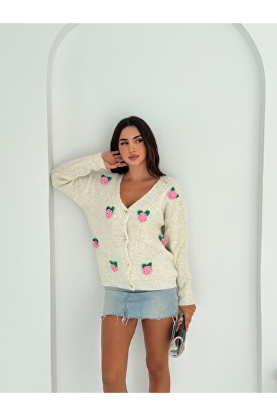 sportiness Rose Patterned Soft Textured Buttoned Knitwear Cardigan