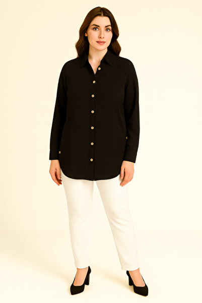 Curvy Trend Plus Size Side Buttoned Long Sleeve Ayrobin Fabric Shirt