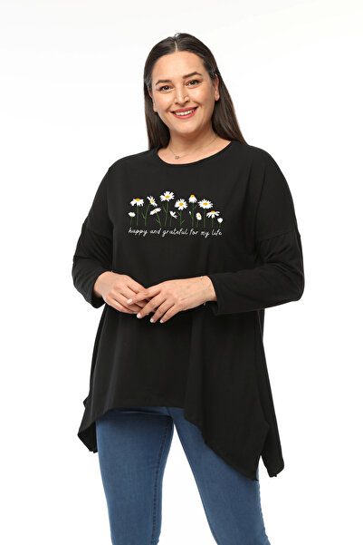 Curvy Trend Plus Size Daisies Printed Long Sleeve Slit Blouse