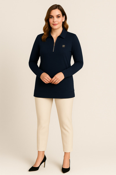 Curvy Trend Plus Size Polo Neck Zippered 2 Thread Crystal Fabric Swaetshirt