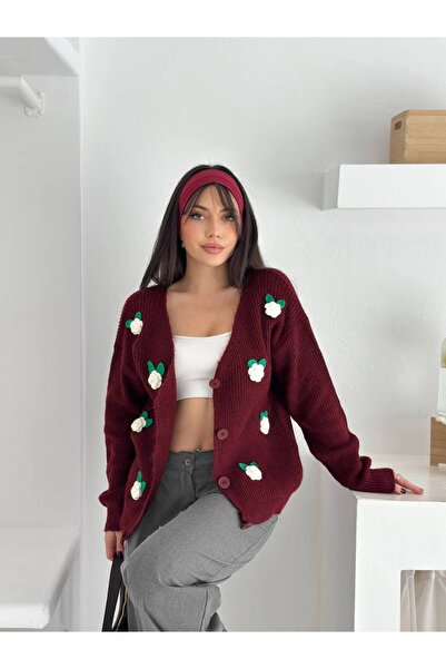 sportiness Rose Patterned Soft Textured Buttoned Knitwear Cardigan