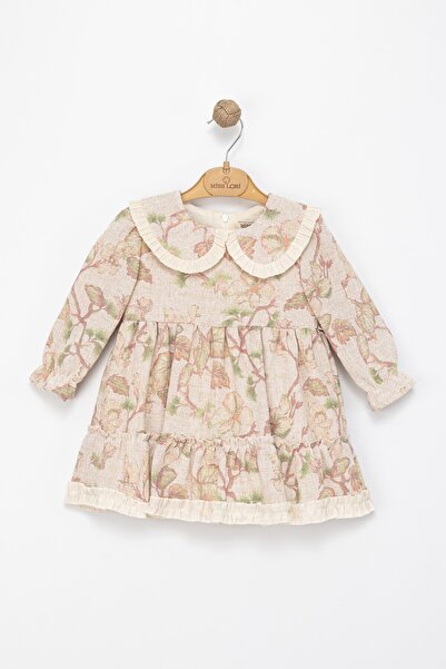 ETİC MODA Girls' Long Sleeve Floral Print Ruffle Collar Dress – Cream