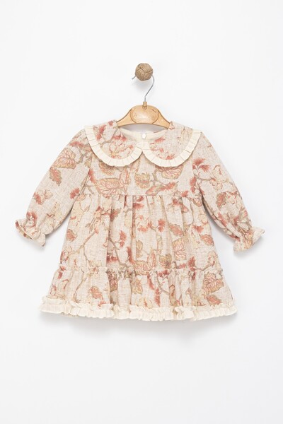 ETİC MODA Girls' Long Sleeve Floral Print Ruffle Collar Dress – Cream