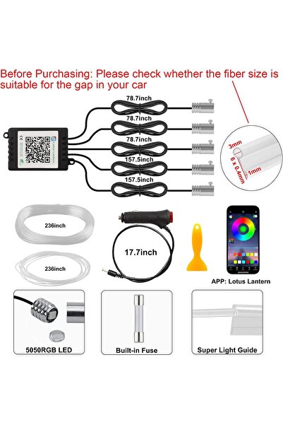 Generic شريط إضاءة LED للسيارة 5 في 1 من LEDCARE، 16 مليون لون، 236 بوصة، ألياف بصرية، تحكم لاسلكي بالتطبيق