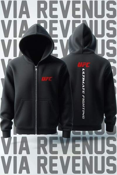 Vordevia Ufc Front and Back Printed Unisex 3 Thread Raised Zipper Hooded Sweatshirt Cardigan