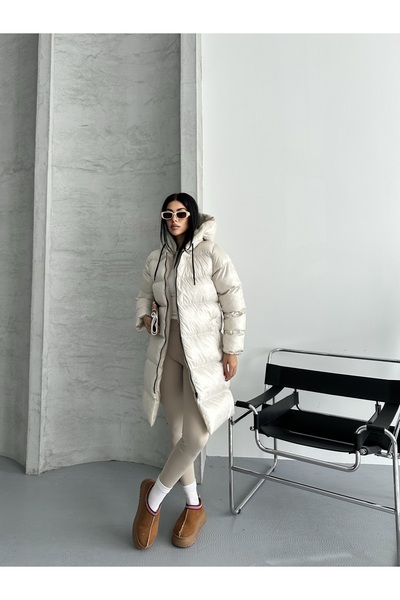 Fashionbox dámská gelová vycpávka, dlouhý péřový kabát s kapucí a zipem 25101