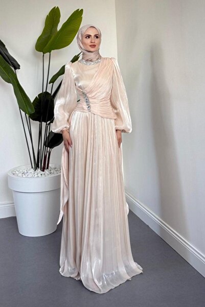 MERVEN AKYÜZ Corlie Beli Taşlı Drapeli Jan Jan Abiye Bej