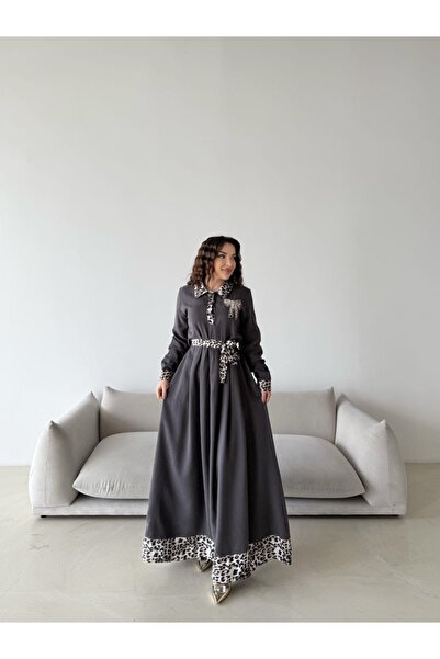 MaxiMor Women's Leopard Print Detailed Belted Hijab Suitable Long Length Dress