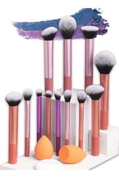 DGSENPI مجموعة فرش مكياج مكونة من 15 قطعة، 12 فرشاة مكياج متعددة الأغراض، مع 2 إسفنجة مكياج و1 نفخة بودرة