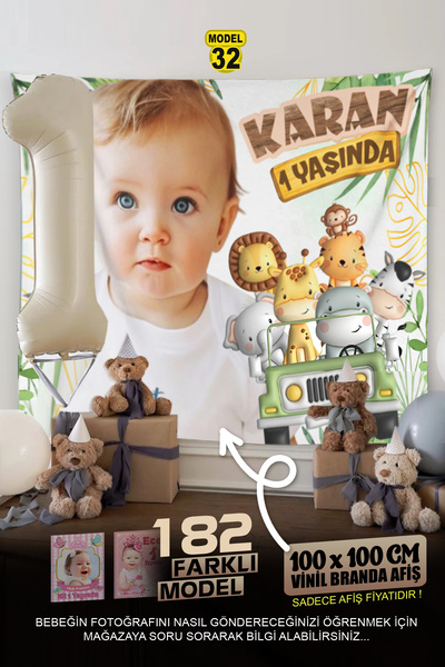 cici magnet www.cicimagnet.com 1 Yaş Doğum Günü Afişi Parti Pankart Branda Baskı 100 cm x 100 cm (182 Farklı Model)