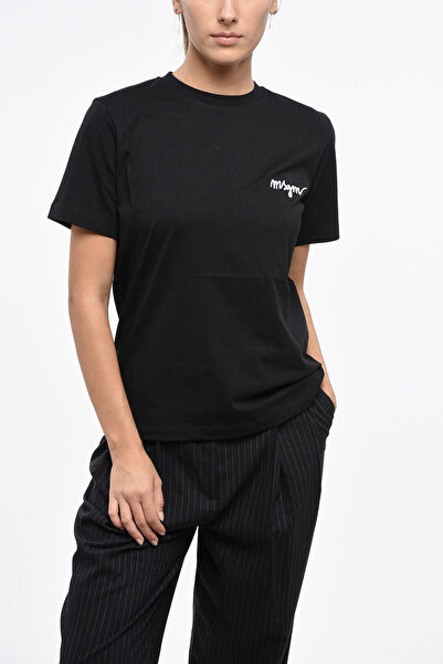 MSGM Tricou din bumbac cu guler rotund și logo brodat lateral