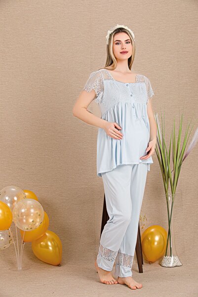 MOPİ Düğmeli Yaka Dantel Omuz ve Paça Detaylı Sabahlıklı Hamile&Lohusa 3'lü Set Pijama