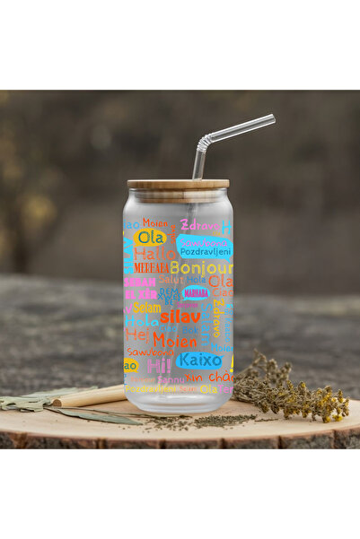 ZERYA All Languages Greeting Design Water Milk Juice Glass Drinking Bottle with Straw (600 ml)