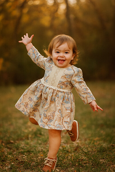 ETİC MODA Girl's Long Sleeve Lace Detailed Floral Pattern Dress – Cream