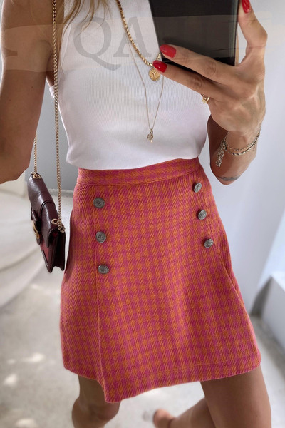 Qaju Kadın Kazayağı Desenli Turuncu Pembe Şık Mini Etek