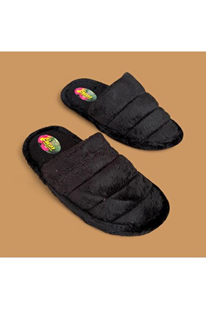 İpek Unisex Black Plush Fluffy Non-Slip Sole Home Slippers